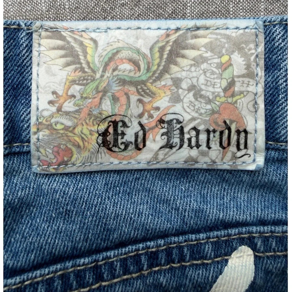 Ed Hardy Denim Women 24 Blue Flare Jeans Tattoo Graphic Tiger Dragon‎ WEHDB100-3